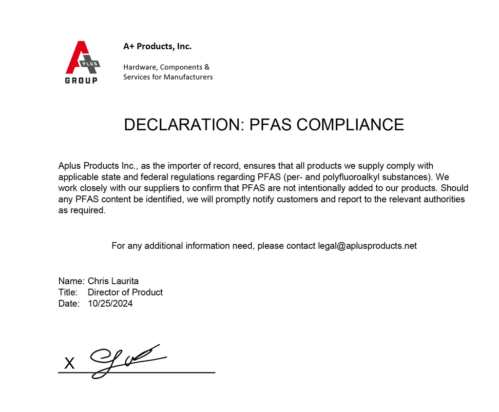 Declaration of PFAS Compliance • A+ Products, Inc.